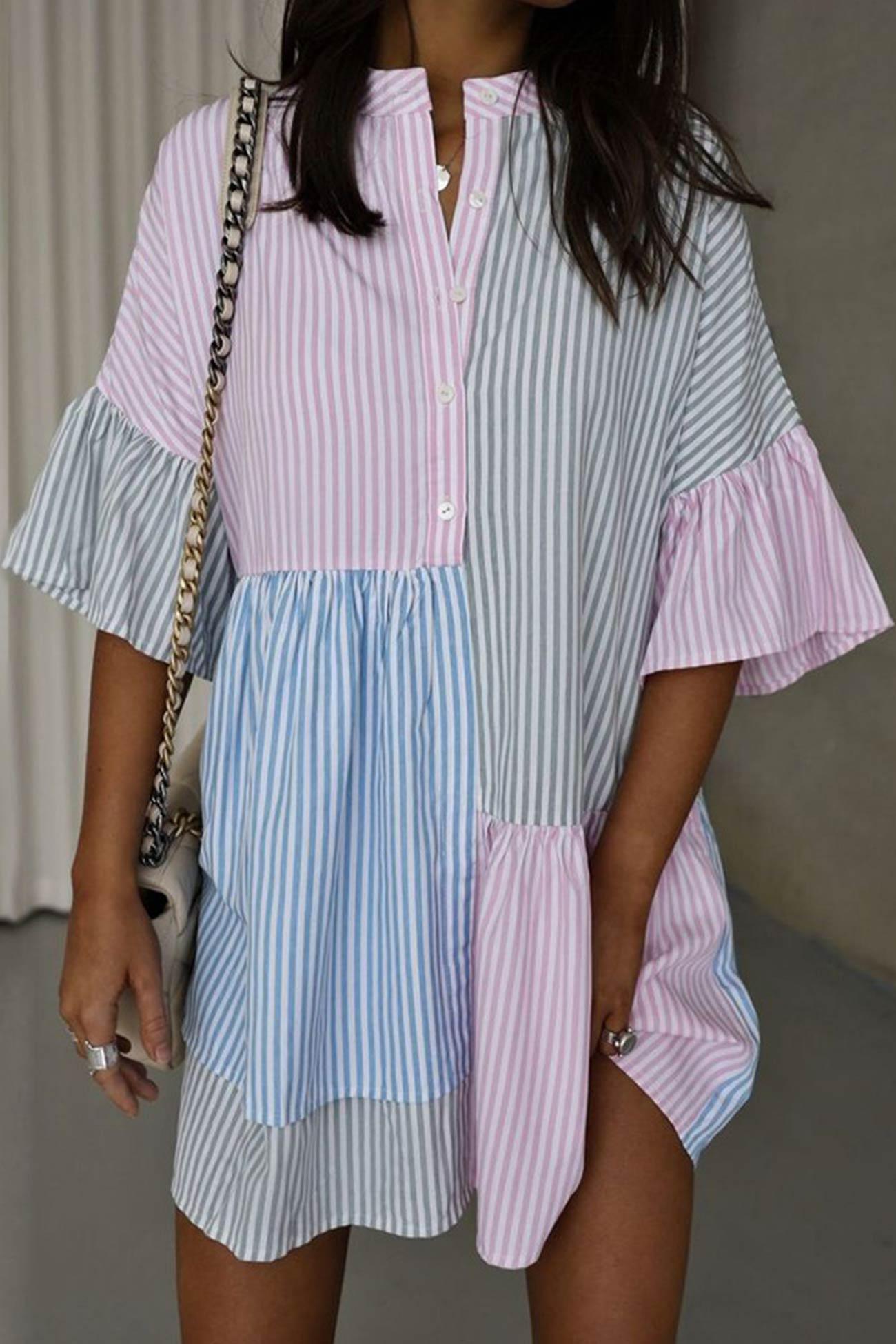 Kimberly - contrast striped flares sleeve shirt dress - ZyraLux