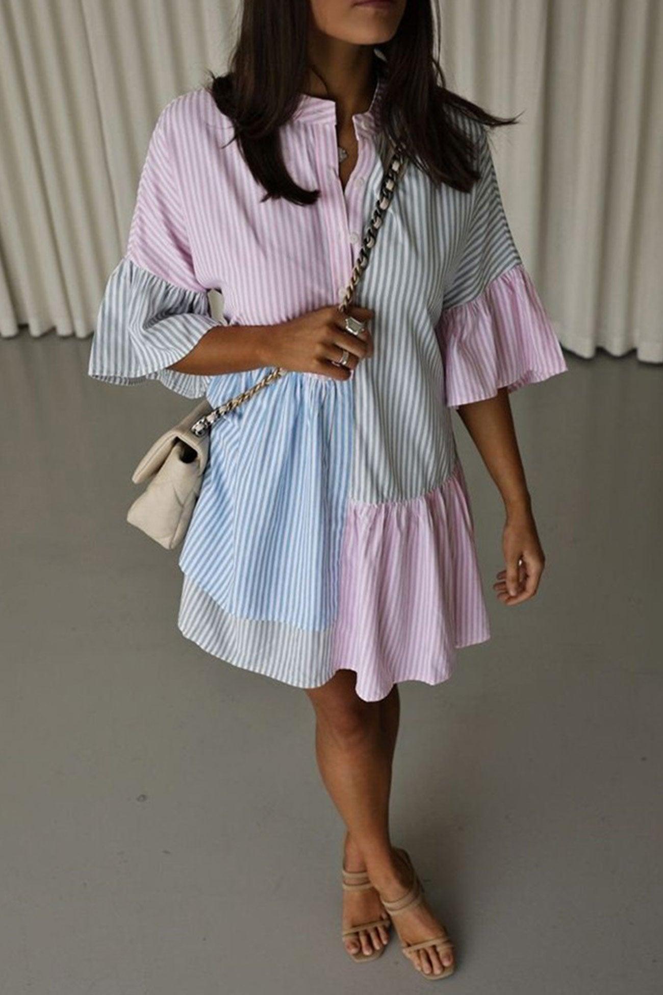 Kimberly - contrast striped flares sleeve shirt dress - ZyraLux