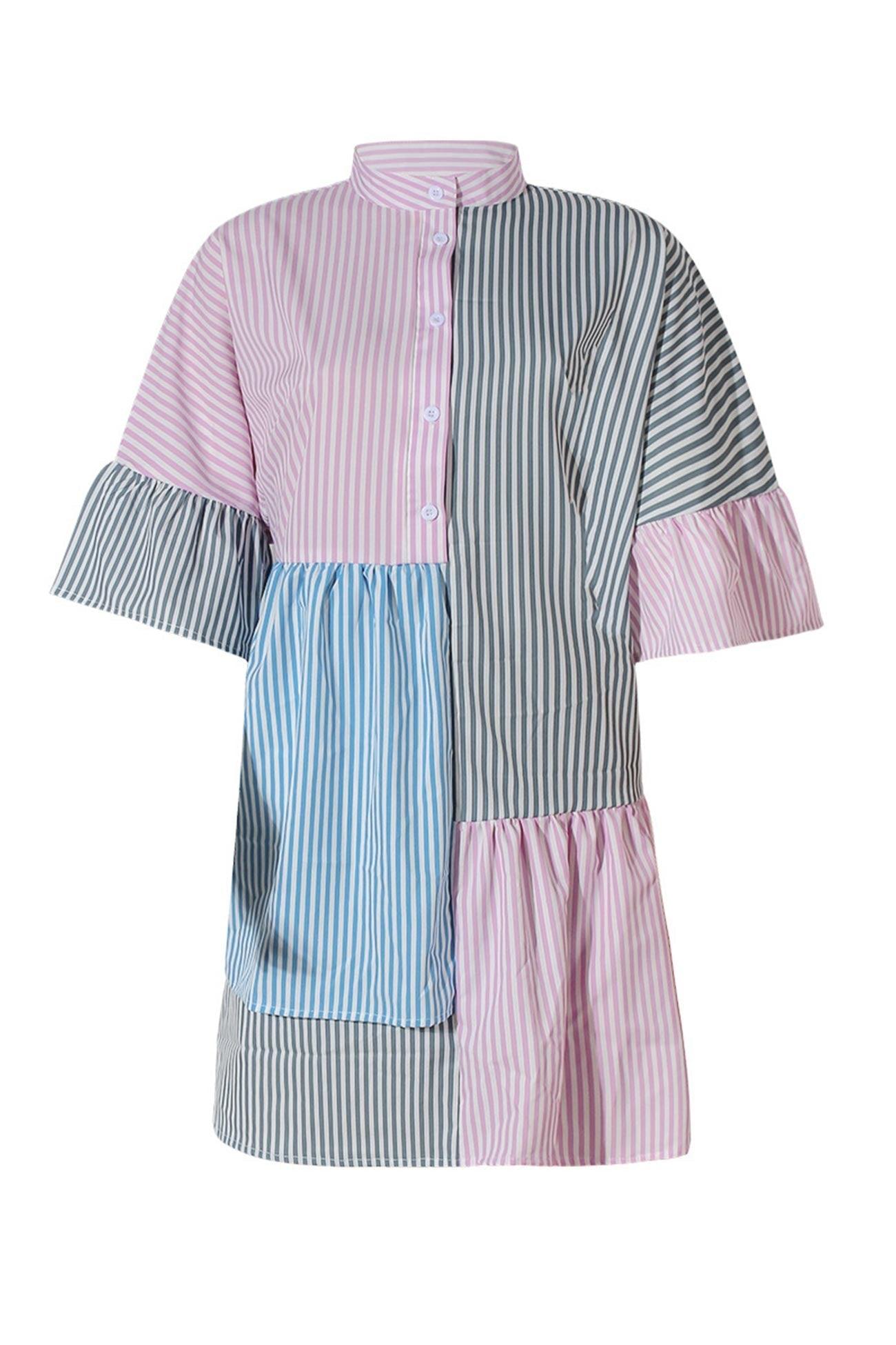 Kimberly - contrast striped flares sleeve shirt dress - ZyraLux