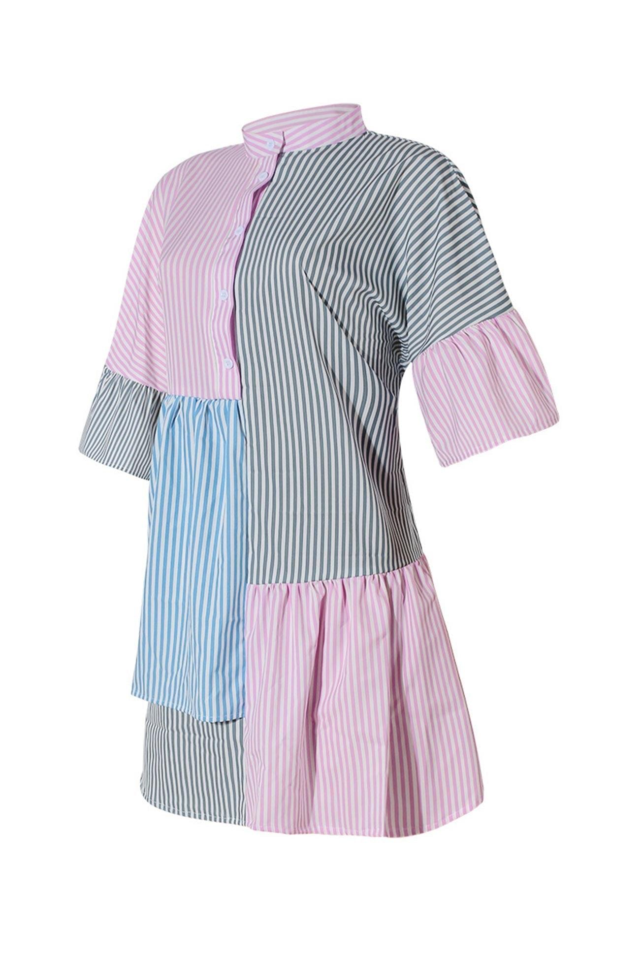 Kimberly - contrast striped flares sleeve shirt dress - ZyraLux