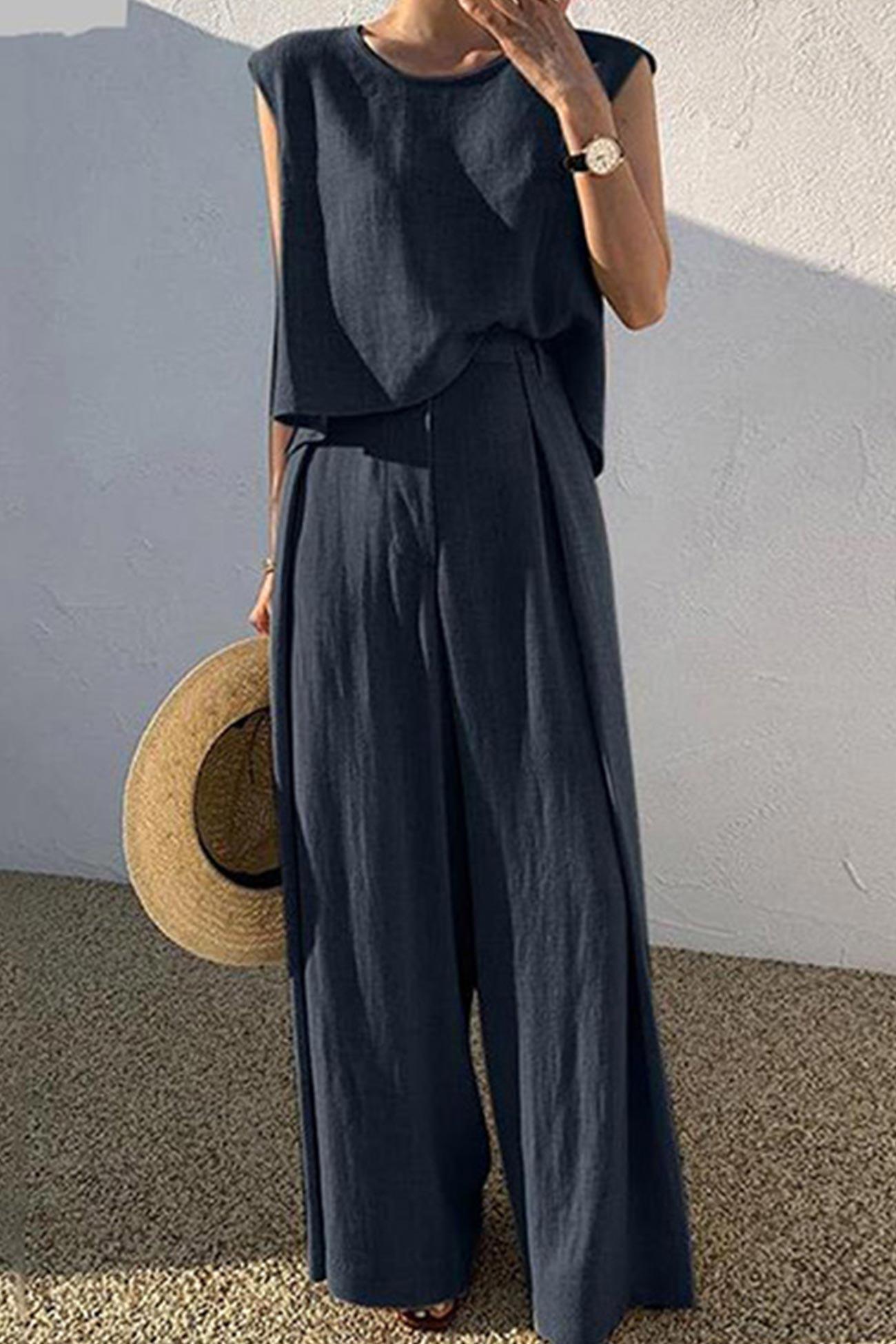 Kaiulani - round neck sleeveless top and wide leg pants set - ZyraLux