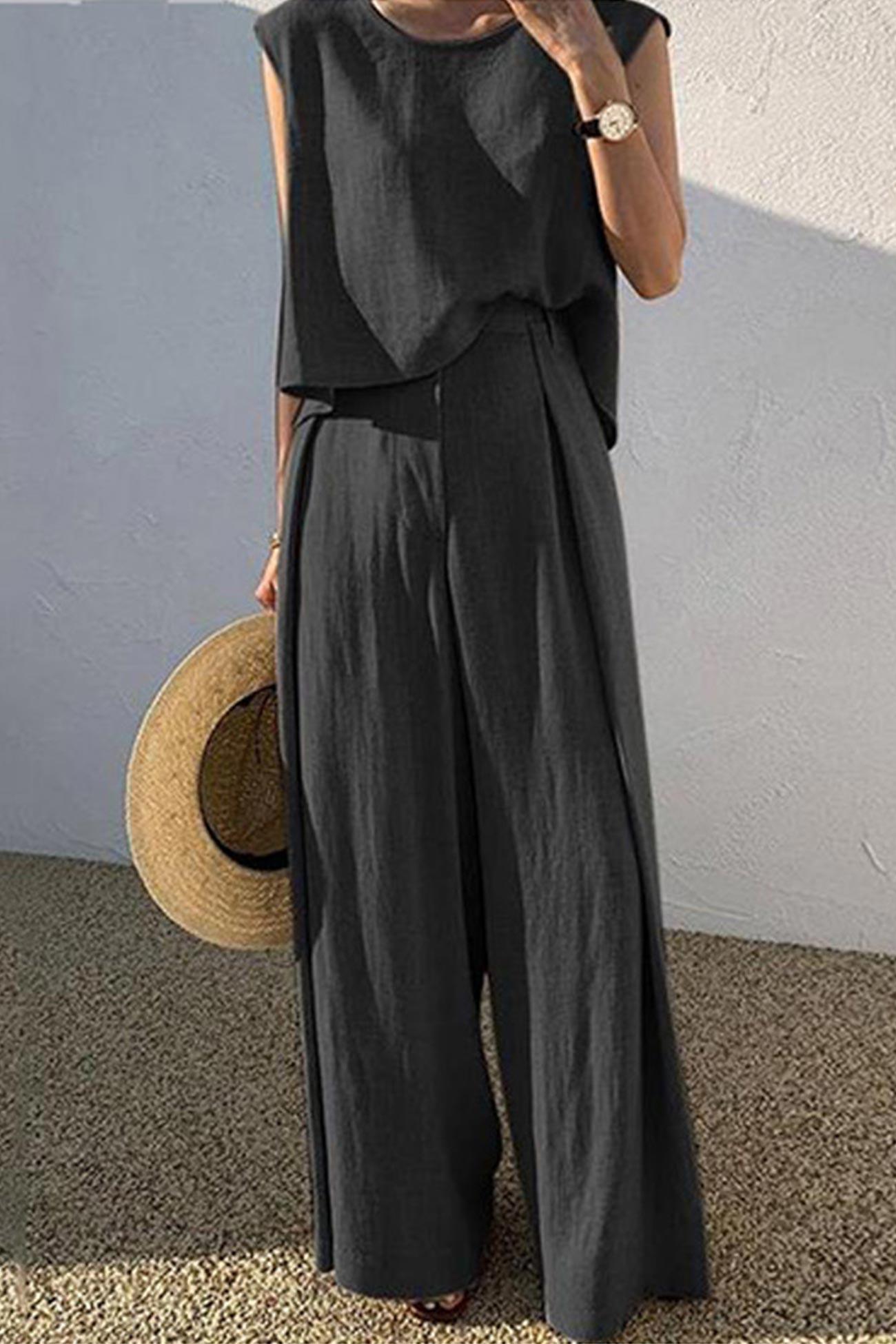 Kaiulani - round neck sleeveless top and wide leg pants set - ZyraLux