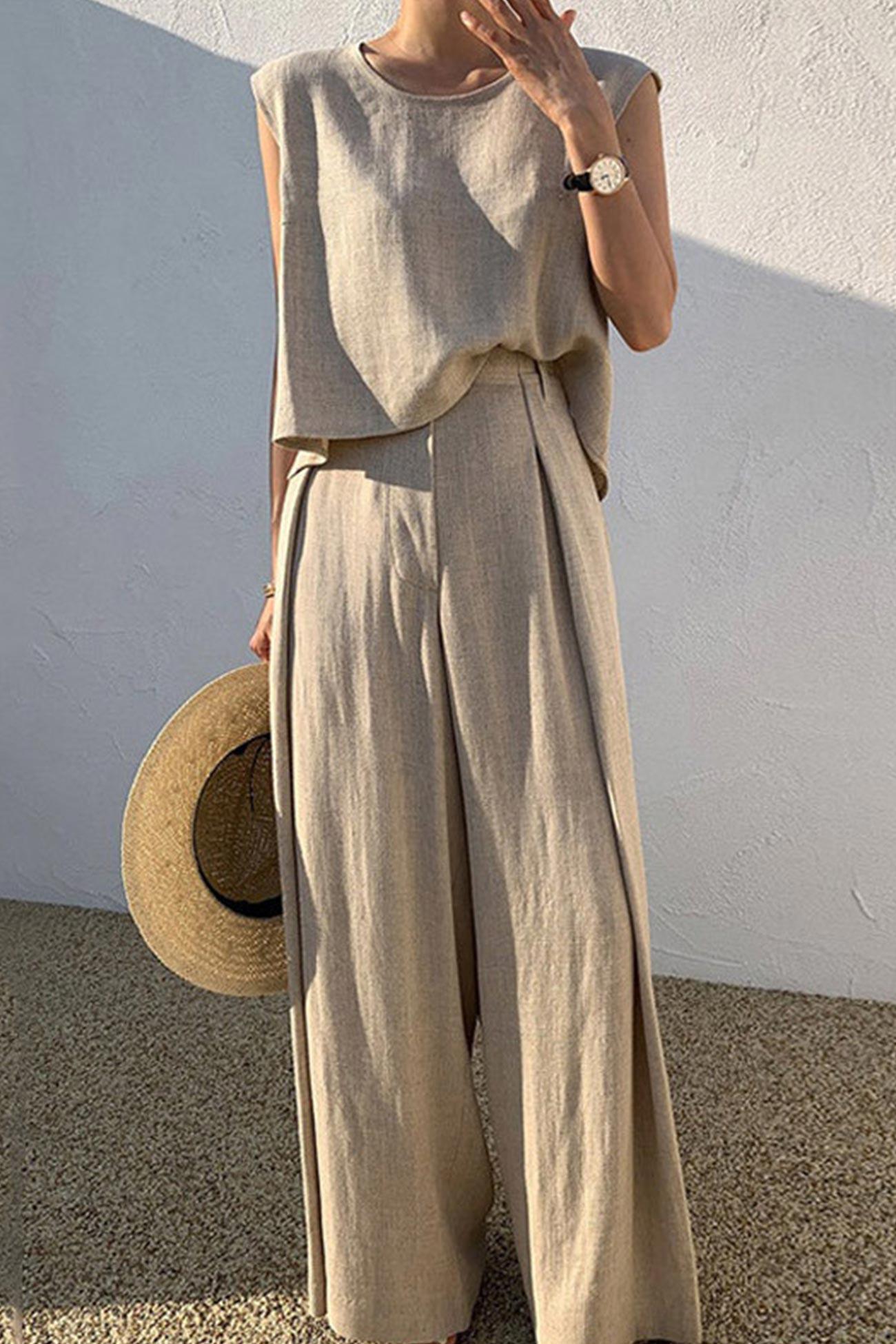 Kaiulani - round neck sleeveless top and wide leg pants set - ZyraLux