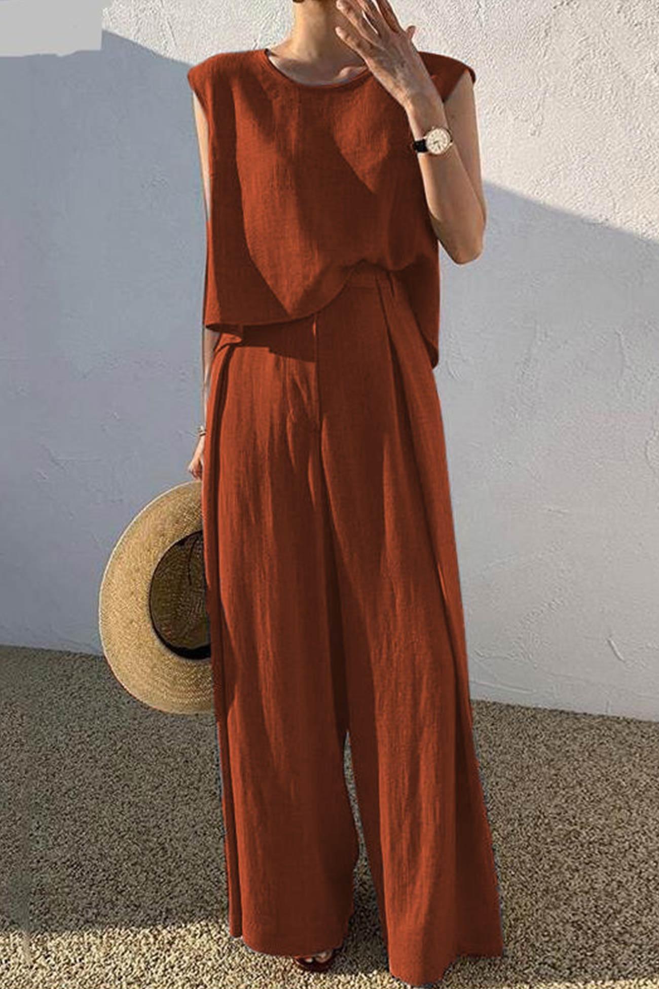 Kaiulani - round neck sleeveless top and wide leg pants set - ZyraLux