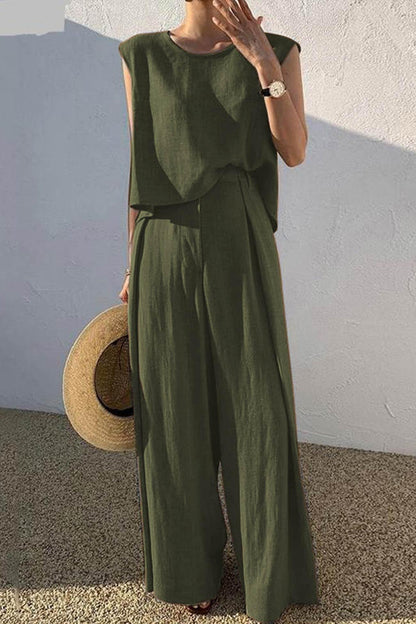 Kaiulani - round neck sleeveless top and wide leg pants set - ZyraLux