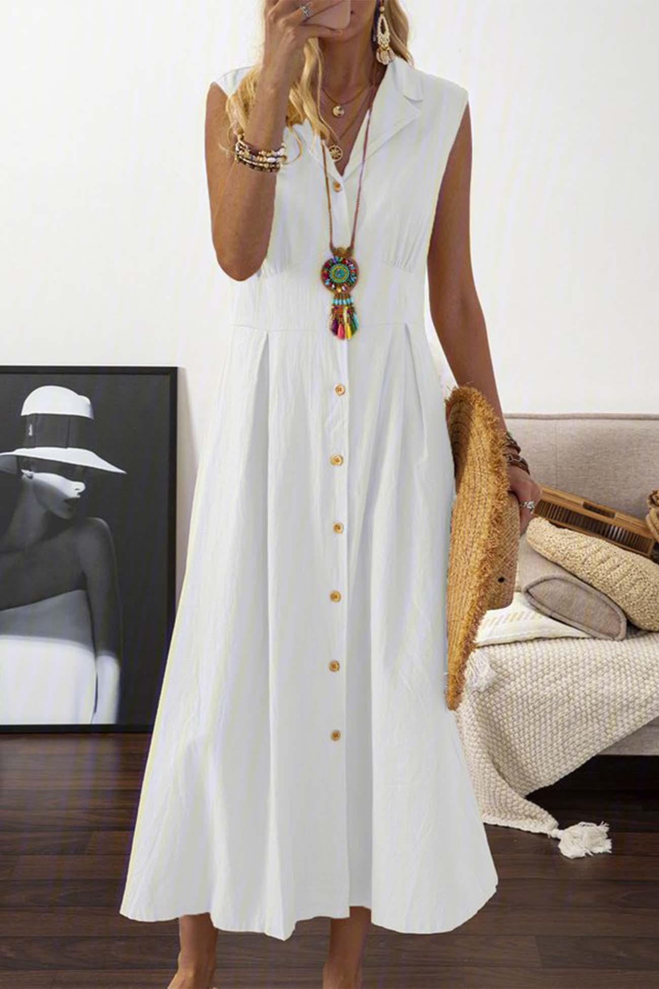 Maui - lapel button down sleeveless midi dress - ZyraLux