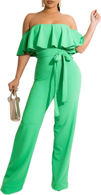 Ruffles Off Shoulder Mint Green Belted Jumpsuit - ZyraLux