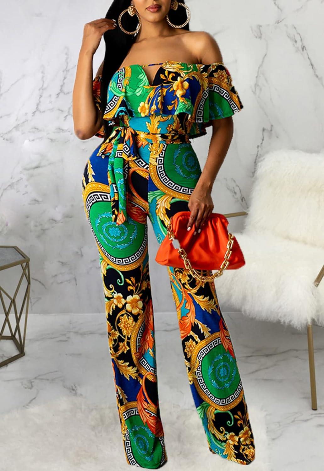 Luxury Green Chain Print Off Shoulder Jumpsuit - ZyraLux