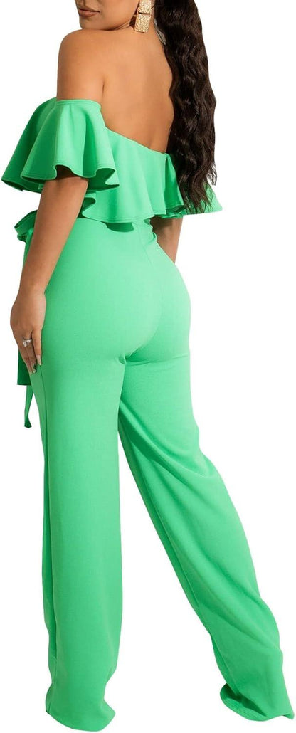 Ruffles Off Shoulder Mint Green Belted Jumpsuit - ZyraLux