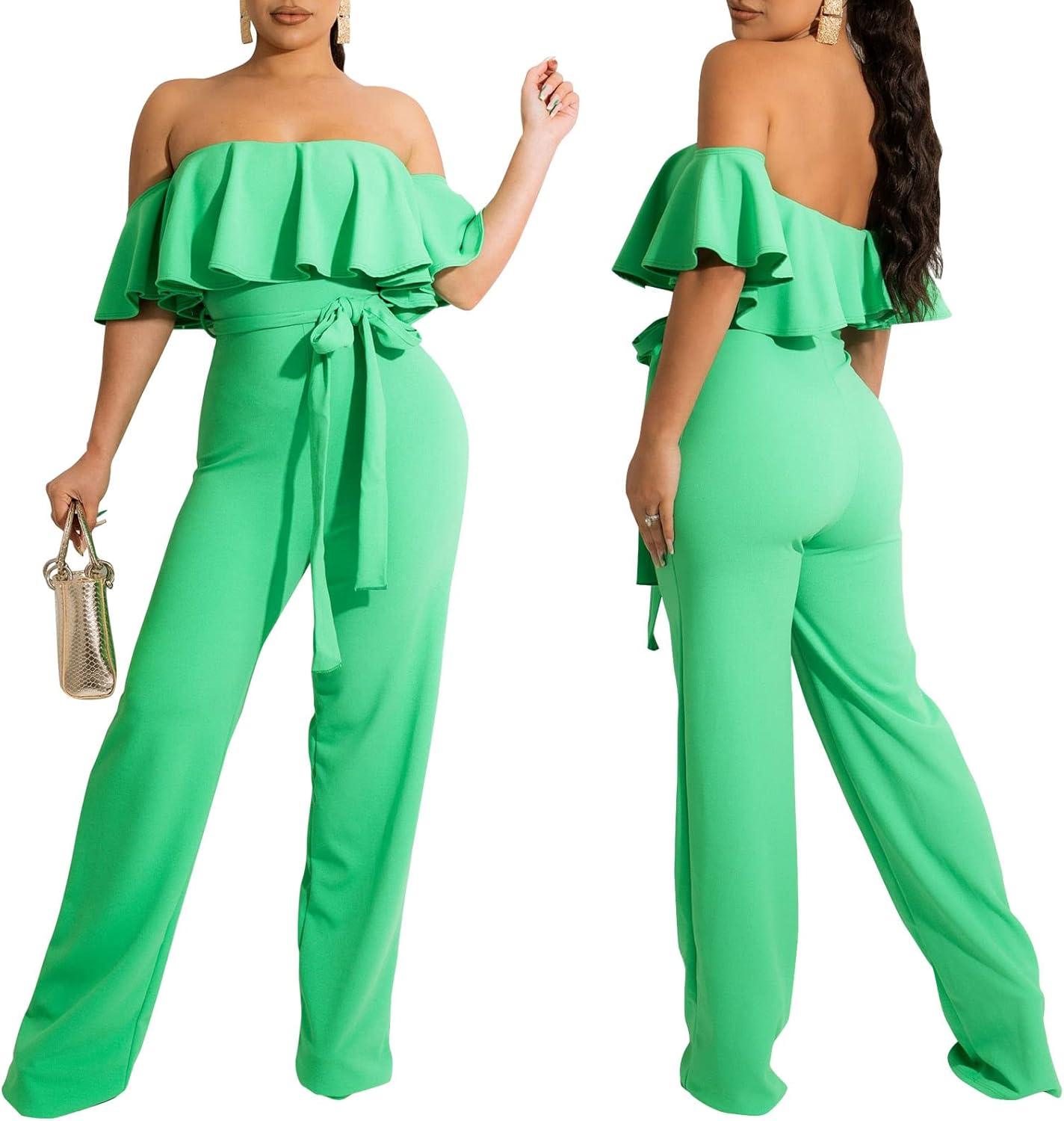 Ruffles Off Shoulder Mint Green Belted Jumpsuit - ZyraLux