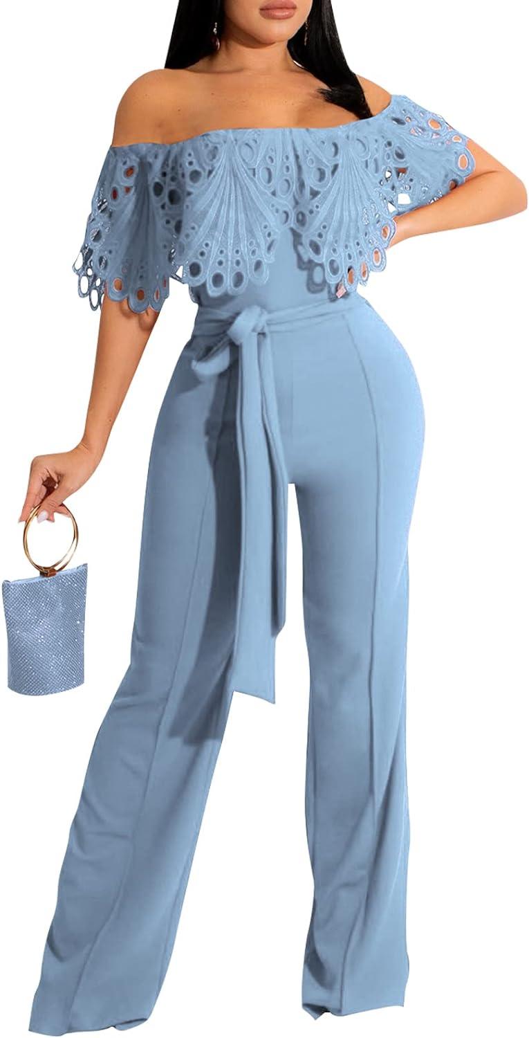 Ruffles Off Shoulder Mint Blue Belted Jumpsuit - ZyraLux