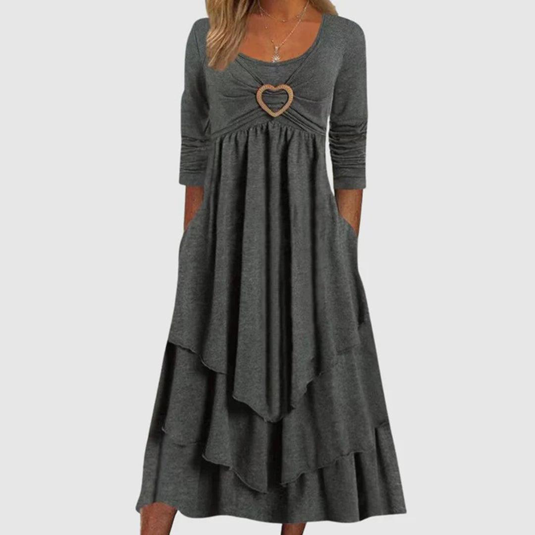 Romantic Heart Detail Midi Dress | Grey | Polyester | Ideal for Casual Events - ZyraLux Kleding en accessoires