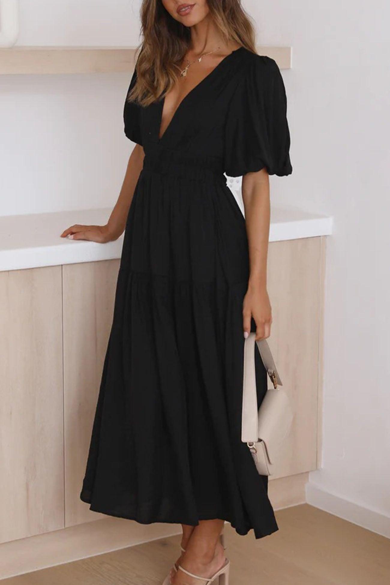 Lily - deep v neck puff sleeve tiered dress - ZyraLux