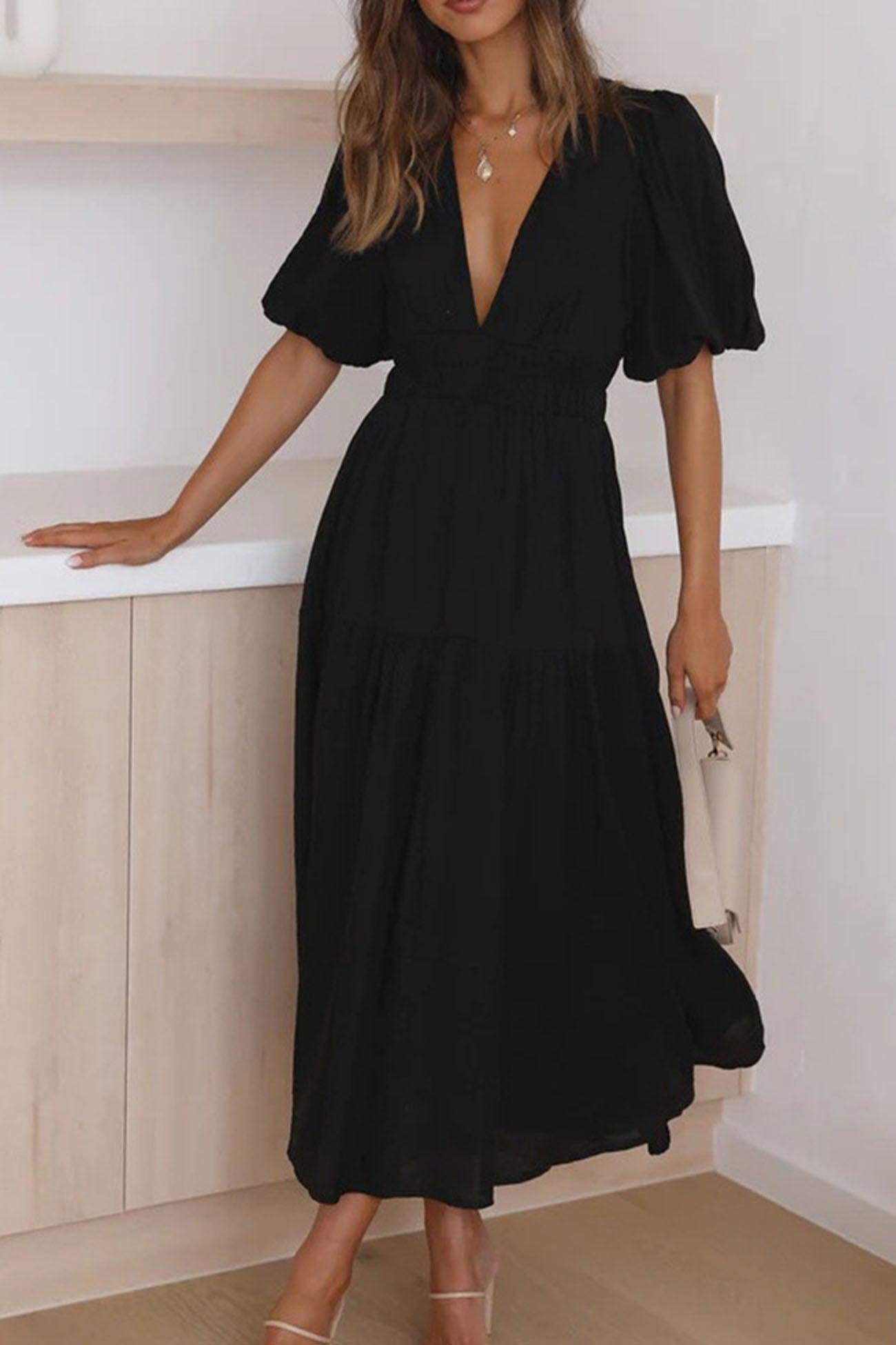 Lily - deep v neck puff sleeve tiered dress - ZyraLux