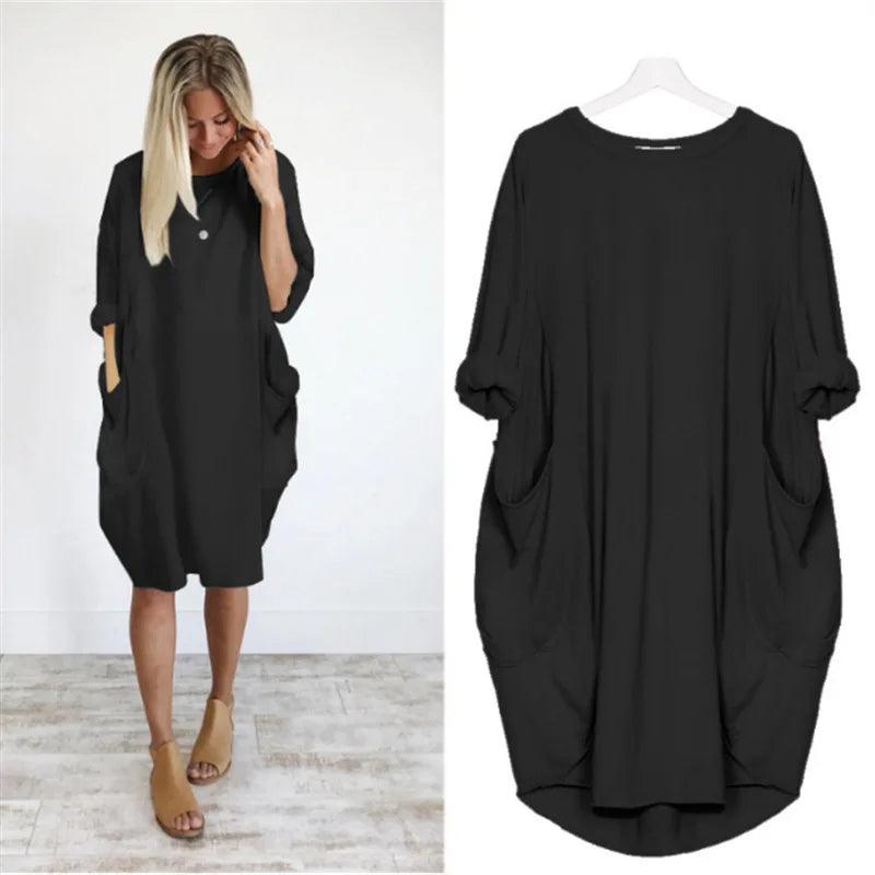 Loose-Fit Pocket Dress - Black - Cotton - Casual and Comfortable - ZyraLux Kleding en accessoires