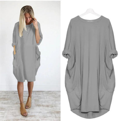 Loose-Fit Pocket Dress - Black - Cotton - Casual and Comfortable - ZyraLux Kleding en accessoires