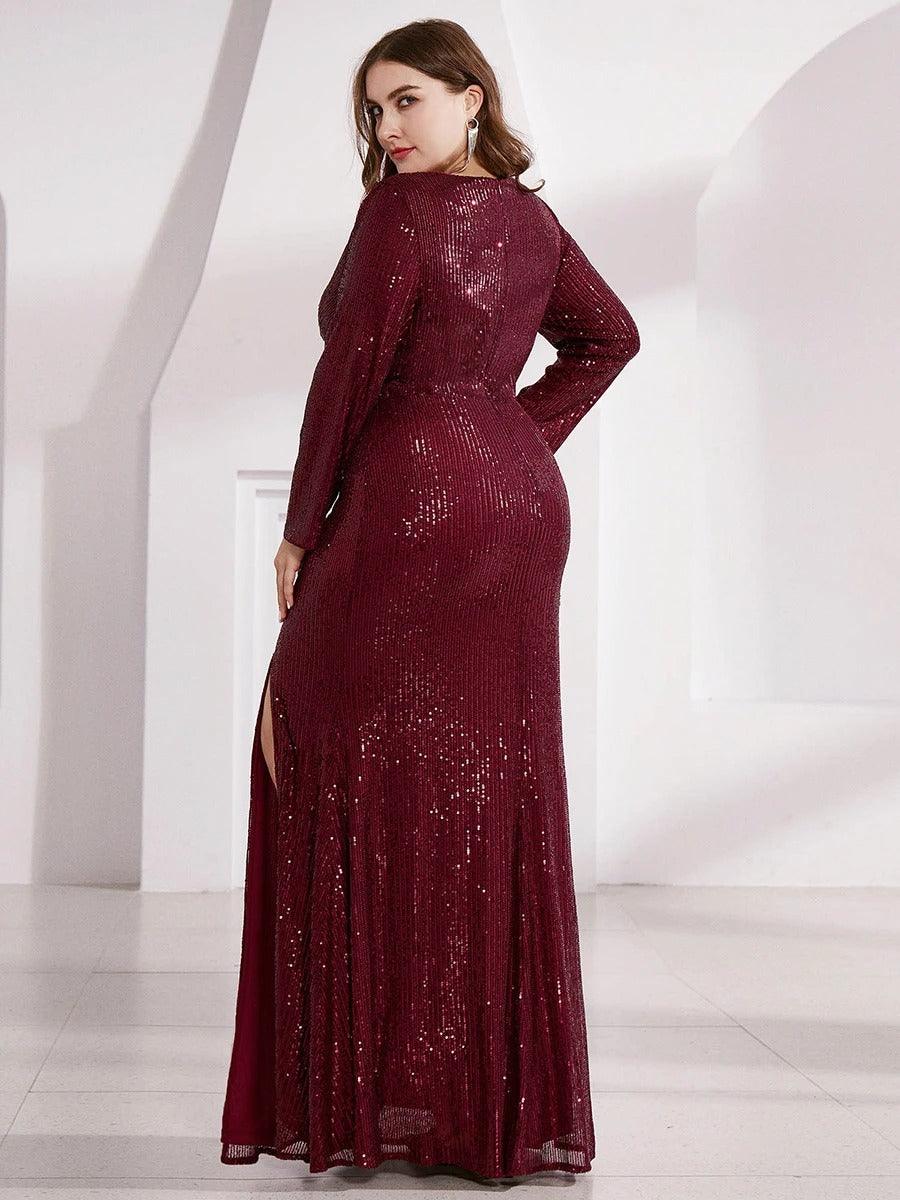 Shiny V Neck Plus Size Sequin Evening Party Dress with Long Sleeves Side Split Banquet Gown - ZyraLux Women Dress