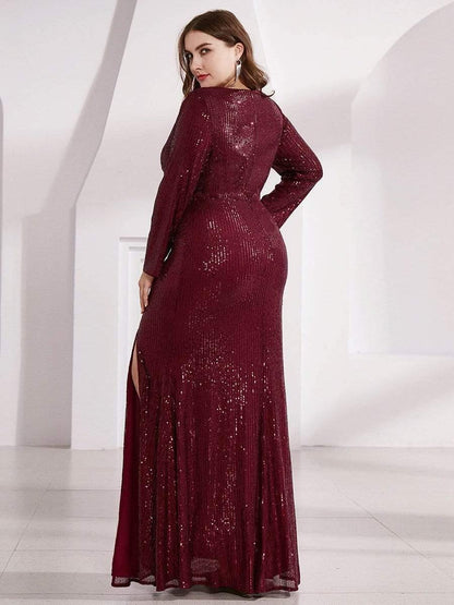 Shiny V Neck Sequin Evening Party Dress with Long Sleeve - ZyraLux Evening Dresses