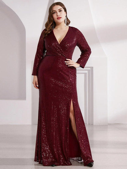 Shiny V Neck Plus Size Sequin Evening Party Dress with Long Sleeves Side Split Banquet Gown - ZyraLux Women Dress