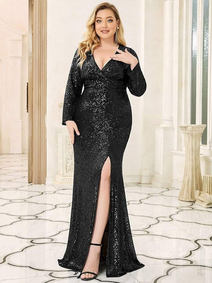 Shiny V Neck Sequin Evening Party Dress with Long Sleeve - ZyraLux Evening Dresses