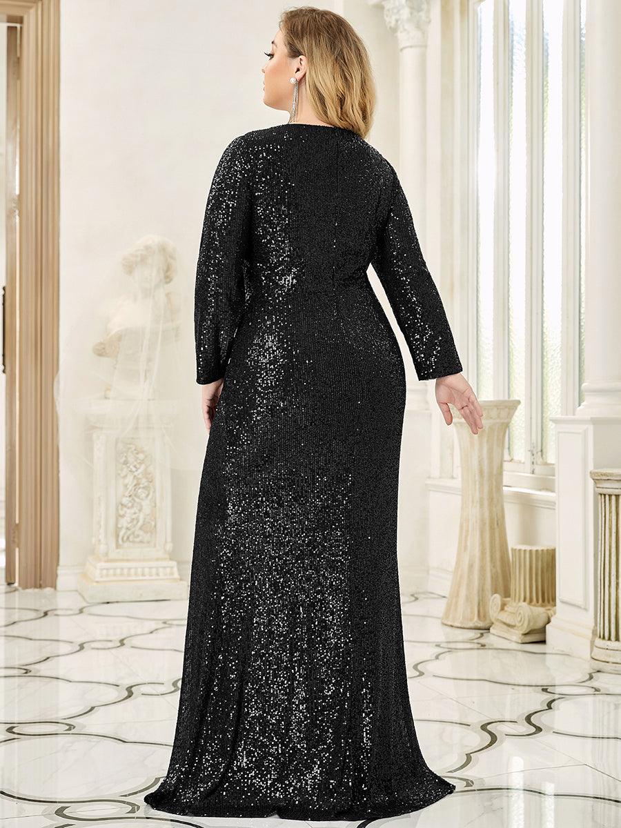 Shiny V Neck Plus Size Sequin Evening Party Dress with Long Sleeves Side Split Banquet Gown - ZyraLux Women Dress