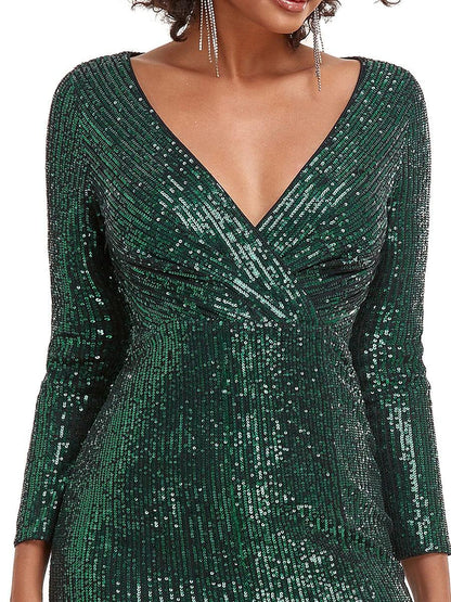 Shiny V Neck Sequin Evening Party Dress with Long Sleeve - ZyraLux Evening Dresses