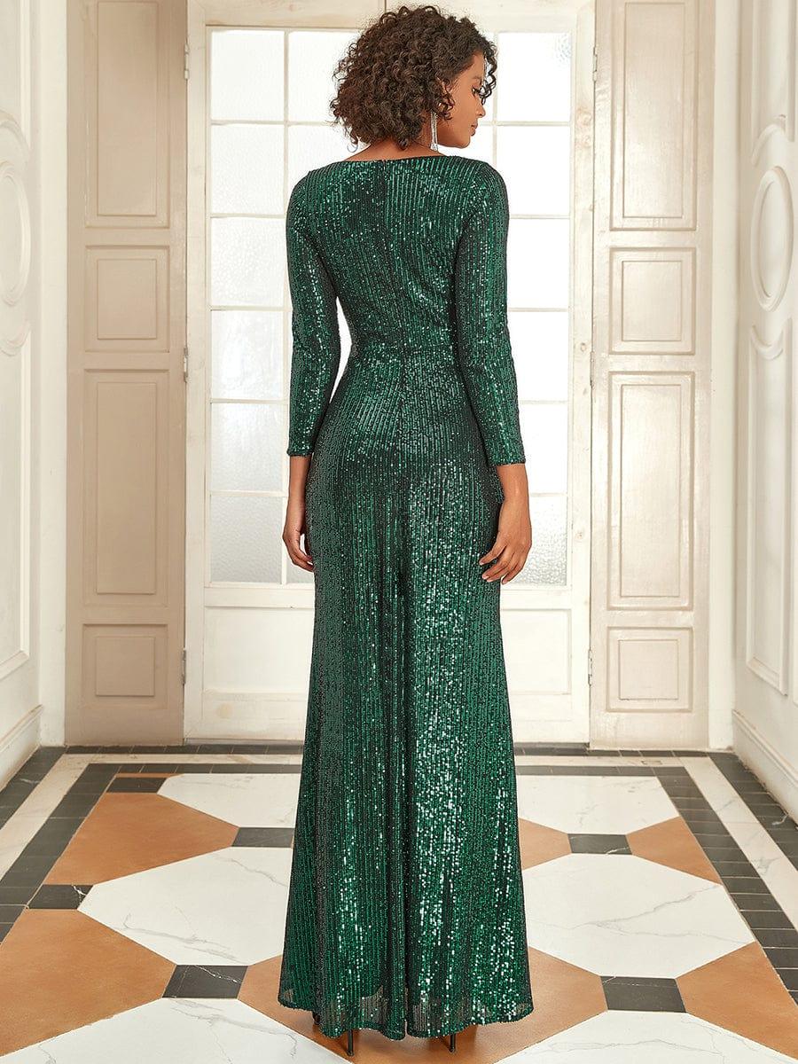 Shiny V Neck Sequin Evening Party Dress with Long Sleeve - ZyraLux Evening Dresses