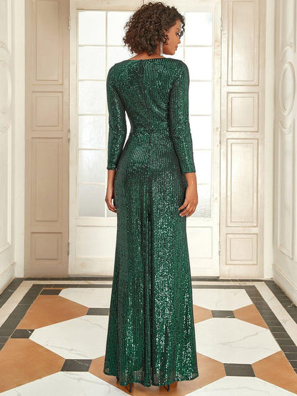 Shiny V Neck Sequin Evening Party Dress with Long Sleeve - ZyraLux Evening Dresses