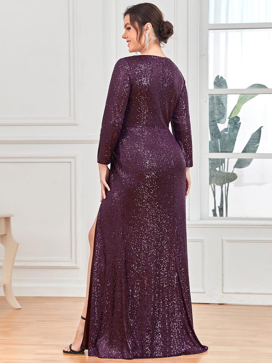 Shiny V Neck Sequin Evening Party Dress with Long Sleeve - ZyraLux Evening Dresses