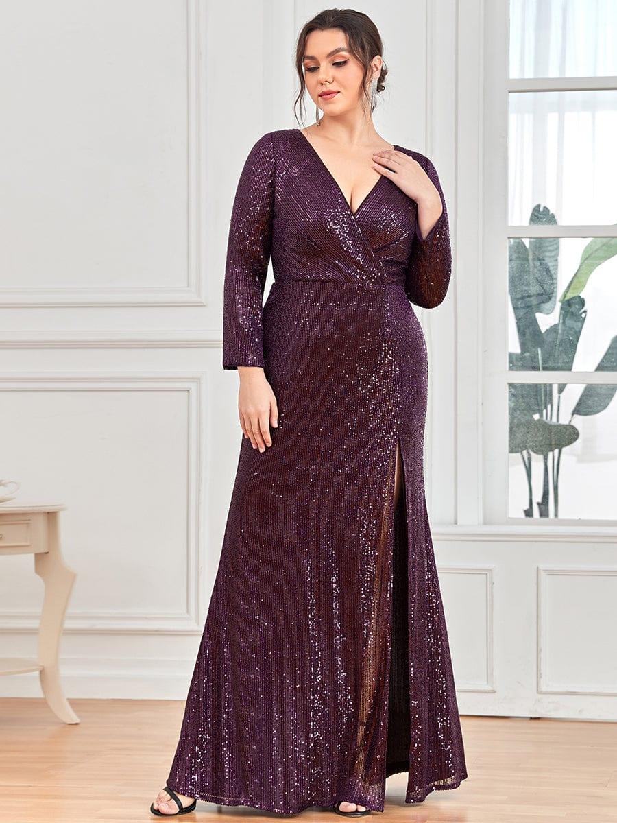 Shiny V Neck Sequin Evening Party Dress with Long Sleeve - ZyraLux Evening Dresses