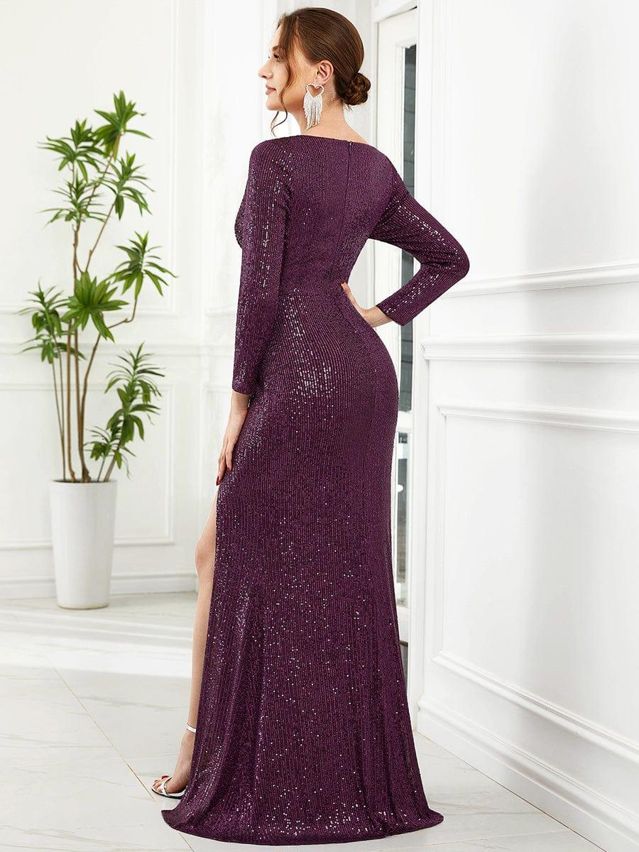 Shiny V Neck Sequin Evening Party Dress with Long Sleeve - ZyraLux Evening Dresses