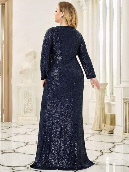 Shiny V Neck Sequin Evening Party Dress with Long Sleeve - ZyraLux Evening Dresses