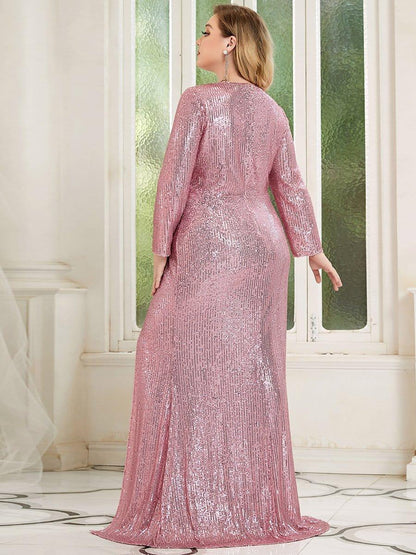 Shiny V Neck Sequin Evening Party Dress with Long Sleeve - ZyraLux Evening Dresses