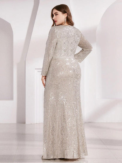 Shiny V Neck Plus Size Sequin Evening Party Dress with Long Sleeves Side Split Banquet Gown - ZyraLux Women Dress