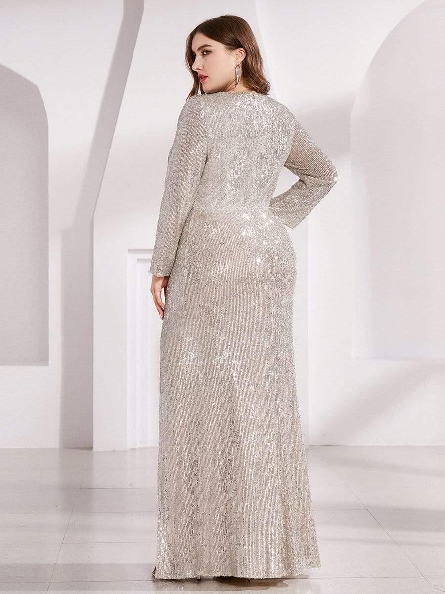 Shiny V Neck Sequin Evening Party Dress with Long Sleeve - ZyraLux Evening Dresses