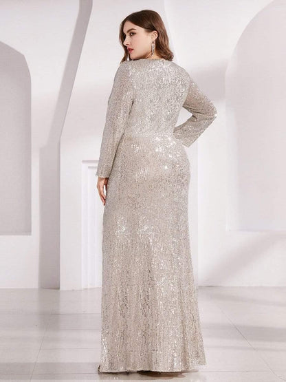 Shiny V Neck Sequin Evening Party Dress with Long Sleeve - ZyraLux Evening Dresses