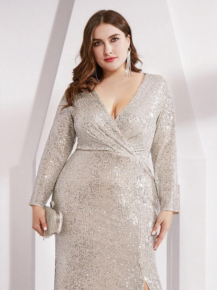 Shiny V Neck Plus Size Sequin Evening Party Dress with Long Sleeves Side Split Banquet Gown - ZyraLux Women Dress