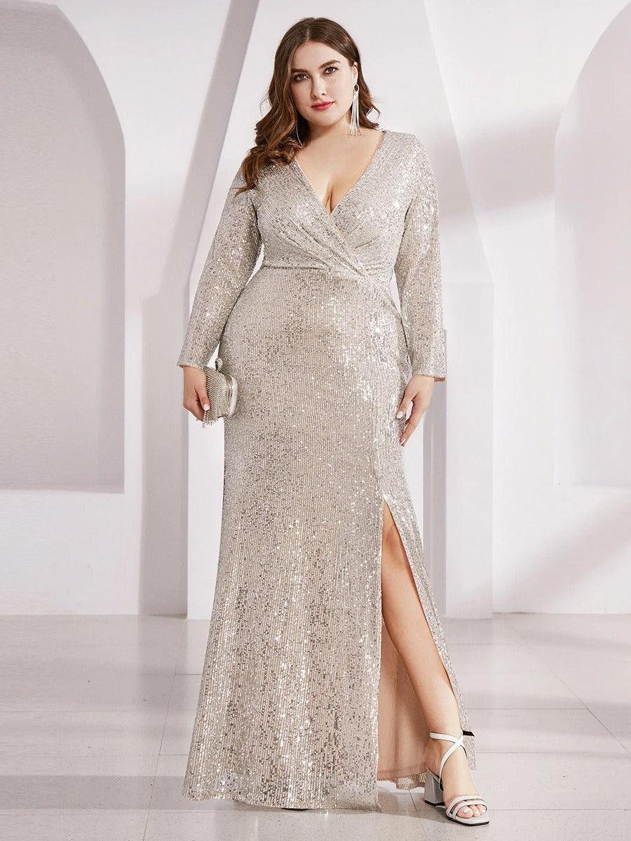 Shiny V Neck Plus Size Sequin Evening Party Dress with Long Sleeves Side Split Banquet Gown - ZyraLux Women Dress