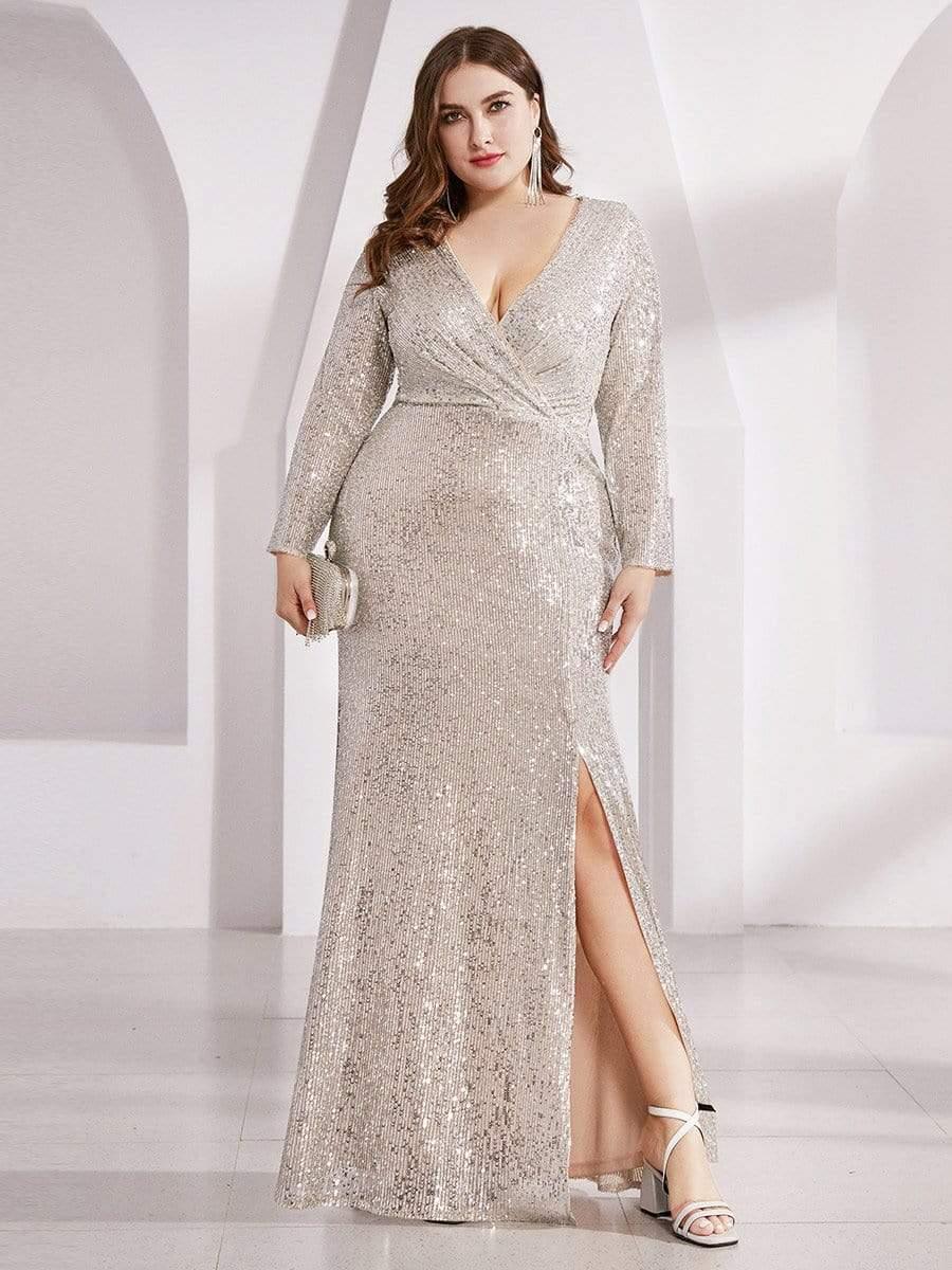 Shiny V Neck Sequin Evening Party Dress with Long Sleeve - ZyraLux Evening Dresses