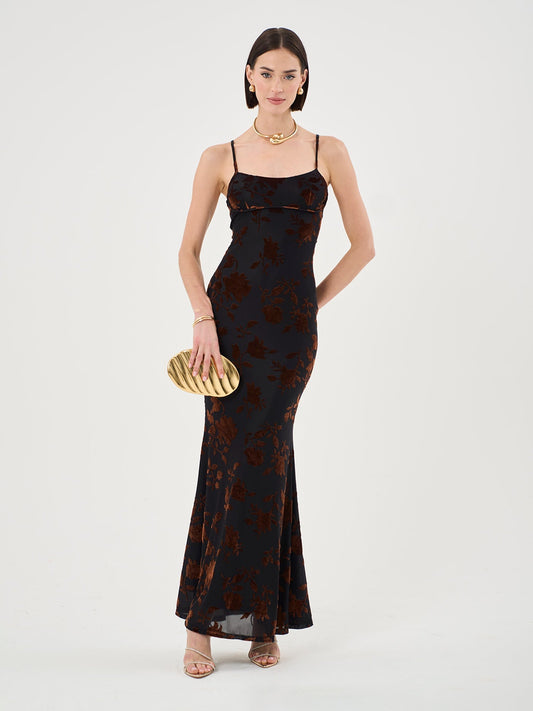 Strappy Floral Burnout Maxi-jurk in roest