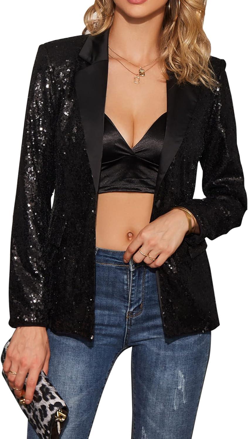 Shiny Silver Diamond Sequins Long Sleeve Blazer Jacket - ZyraLux