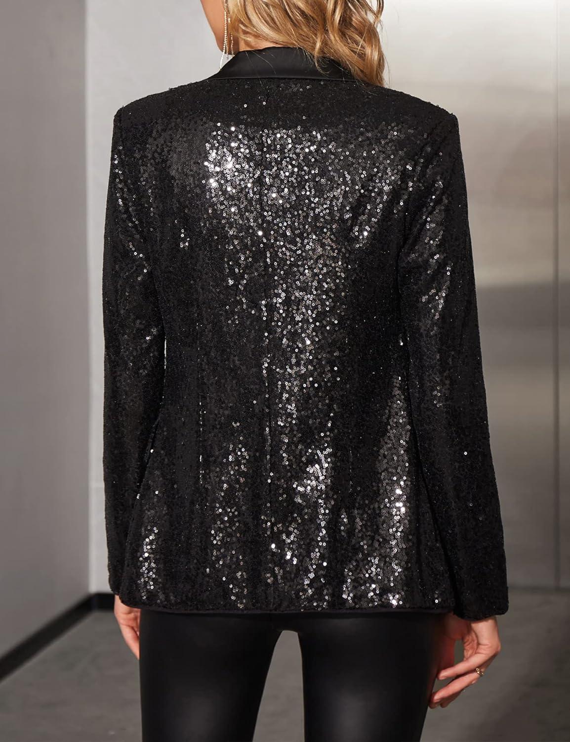 Shiny Black Sequins Long Sleeve Blazer Jacket - ZyraLux