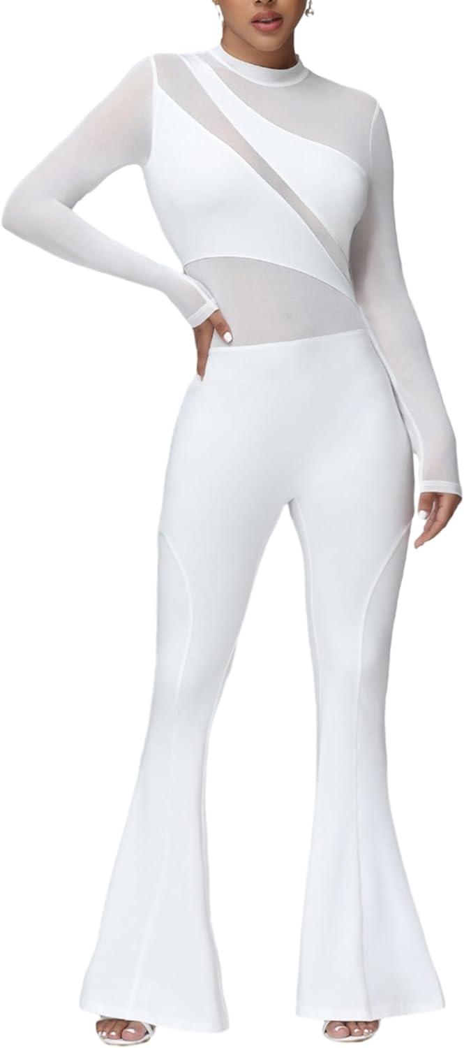 Fashionable White Mesh Long Sleeve Flared Jumpsuit - ZyraLux