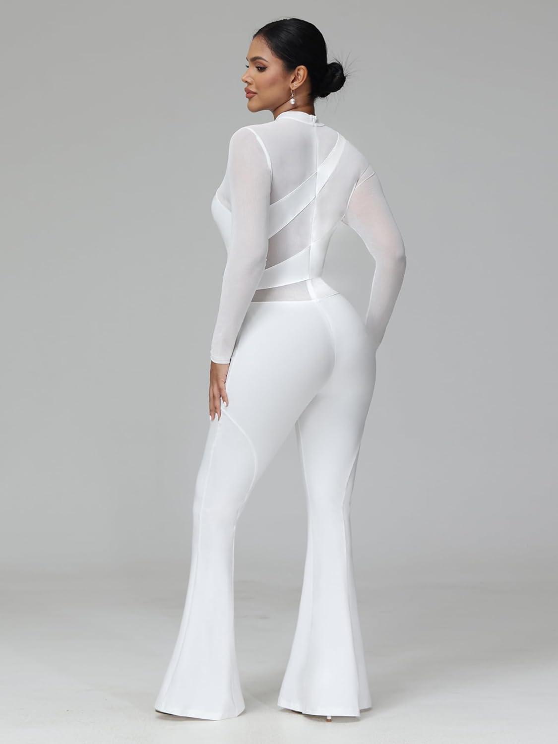 Fashionable White Mesh Long Sleeve Flared Jumpsuit - ZyraLux