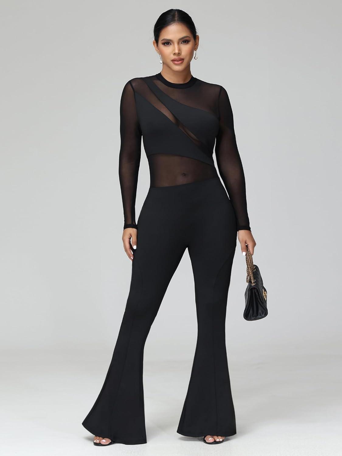 Fashionable White Mesh Long Sleeve Flared Jumpsuit - ZyraLux