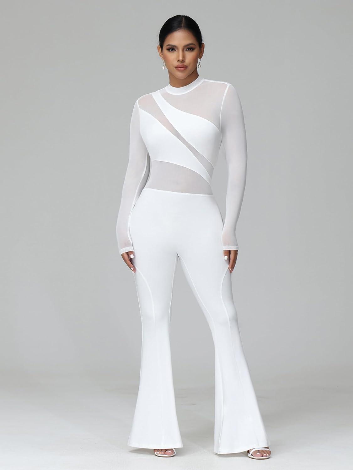 Fashionable White Mesh Long Sleeve Flared Jumpsuit - ZyraLux