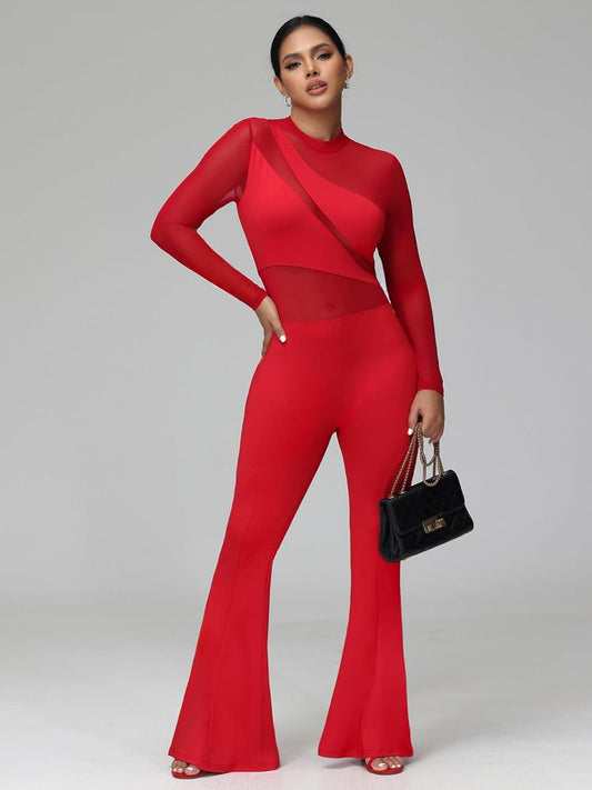 Fashionable Red Mesh Long Sleeve Flared Jumpsuit - ZyraLux