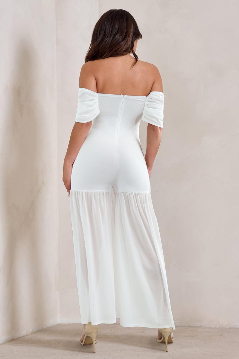 Witte gedrapeerde mesh strapless stijl jumpsuit 