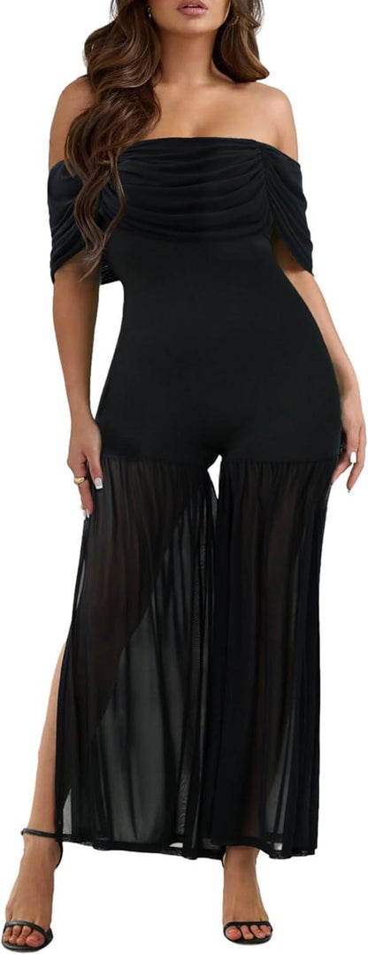 Black Draped Mesh Strapless Style Jumpsuit - ZyraLux Skirt