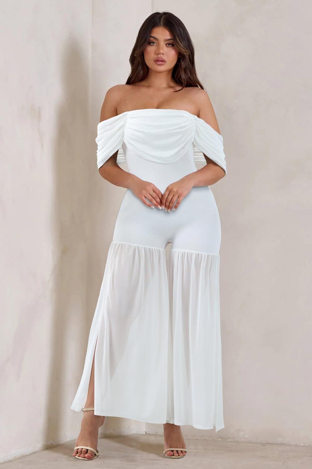 Witte gedrapeerde mesh strapless stijl jumpsuit 